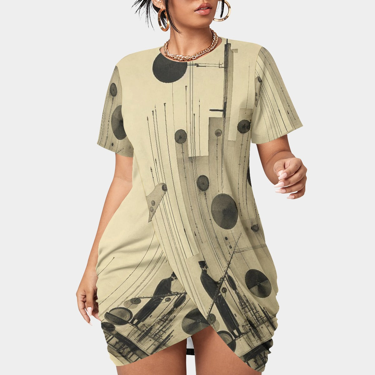 All-Over Print Women’s Stacked Hem Dress With Short Sleeve（Plus Size）