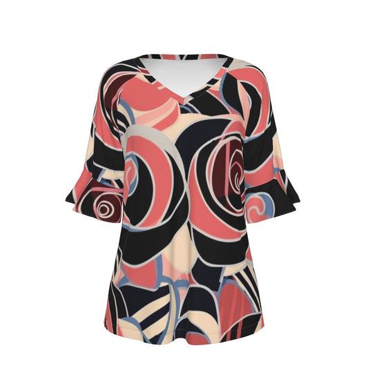 All-Over Print V-neck Women's T-shirt With Bell Sleeve