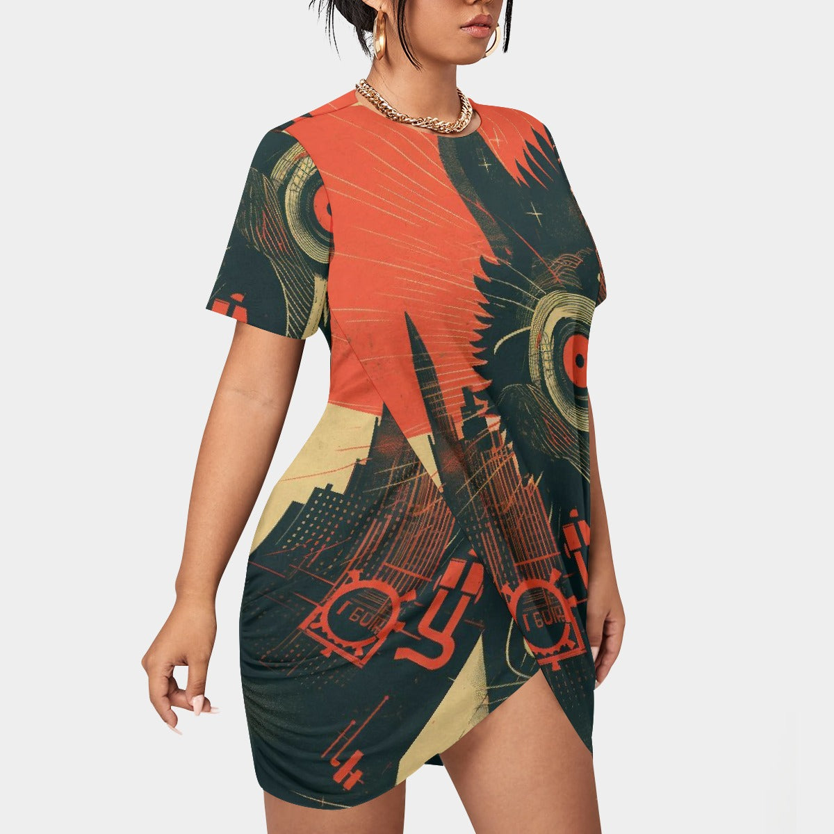 All-Over Print Women’s Stacked Hem Dress With Short Sleeve（Plus Size）