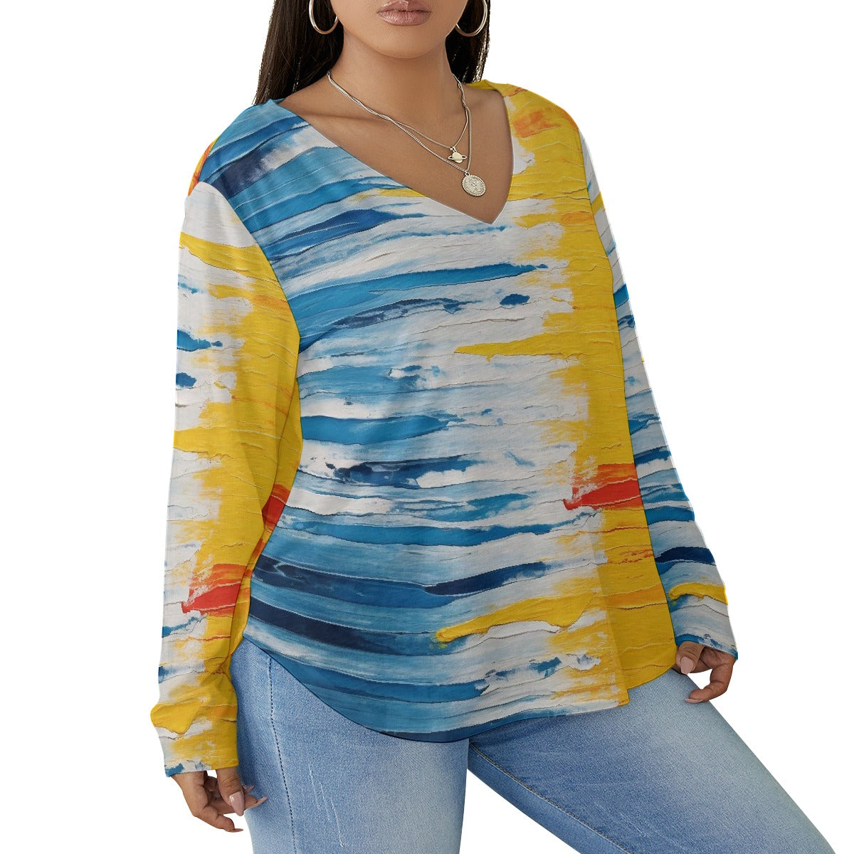 All-Over Print Women's V-neck T-shirt With Curved Hem(Plus Size)