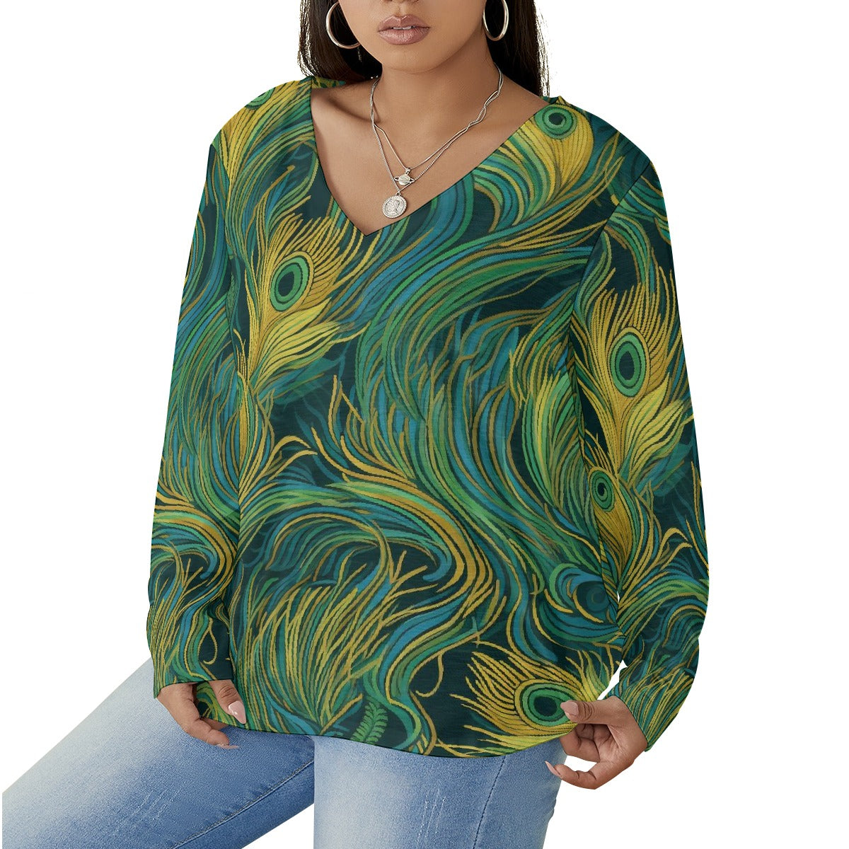 All-Over Print Women's V-neck T-shirt With Curved Hem(Plus Size)