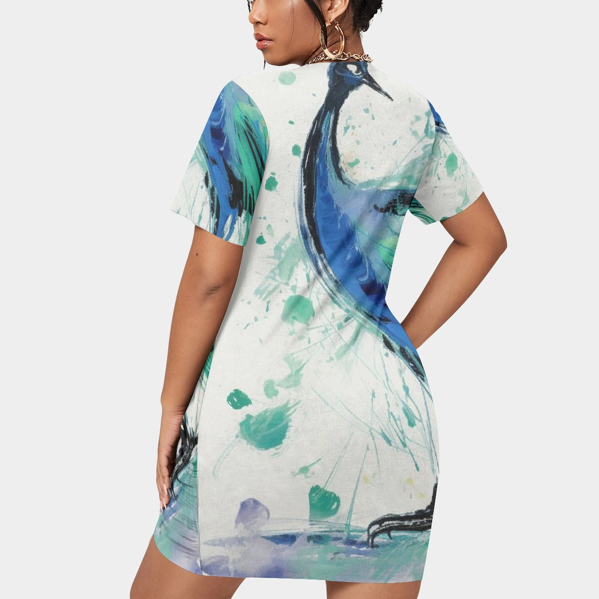 All-Over Print Women’s Stacked Hem Dress With Short Sleeve（Plus Size）