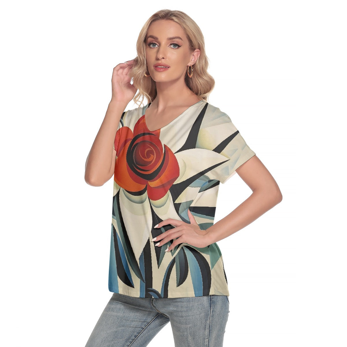 All-Over Print Women's Loose V-neck Short Sleeve T-shirt