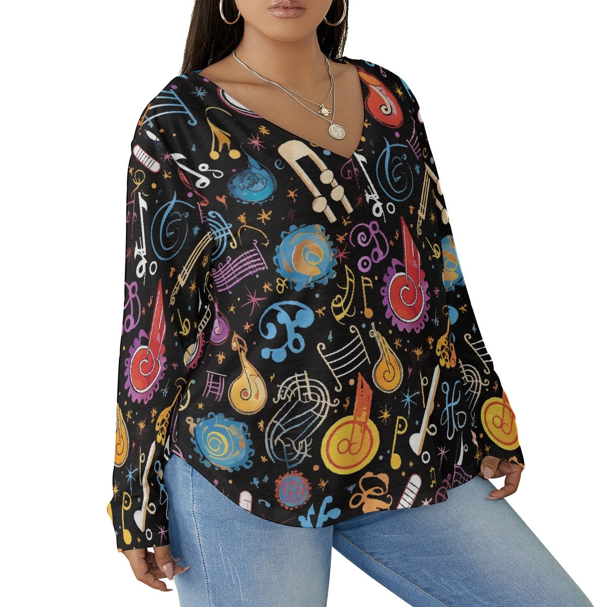 All-Over Print Women's V-neck T-shirt With Curved Hem(Plus Size)