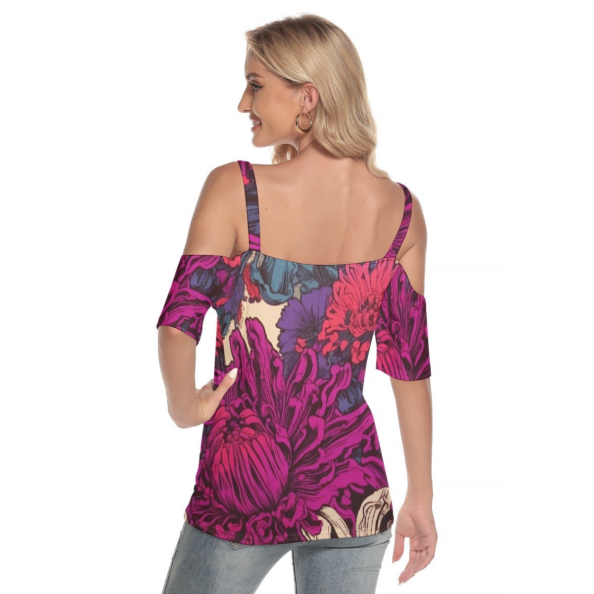 All-Over Print Women's Cold Shoulder T-shirt With Criss Cross Strips