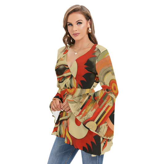 All-Over Print Women's V-neck Blouse With Flared Sleeves