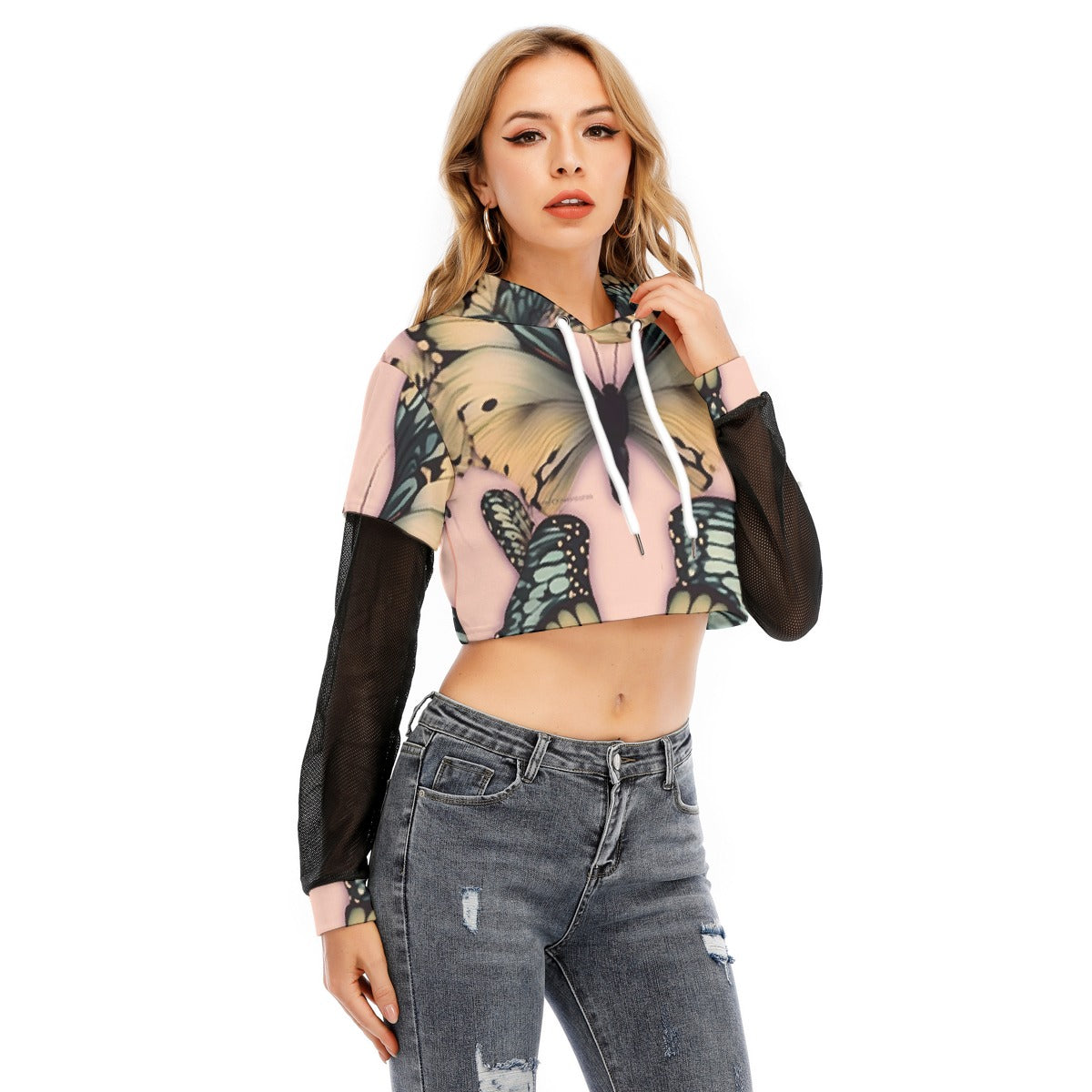 All-Over Print Women's Fake Two-piece Mesh Sleeve Cropped Hoodie