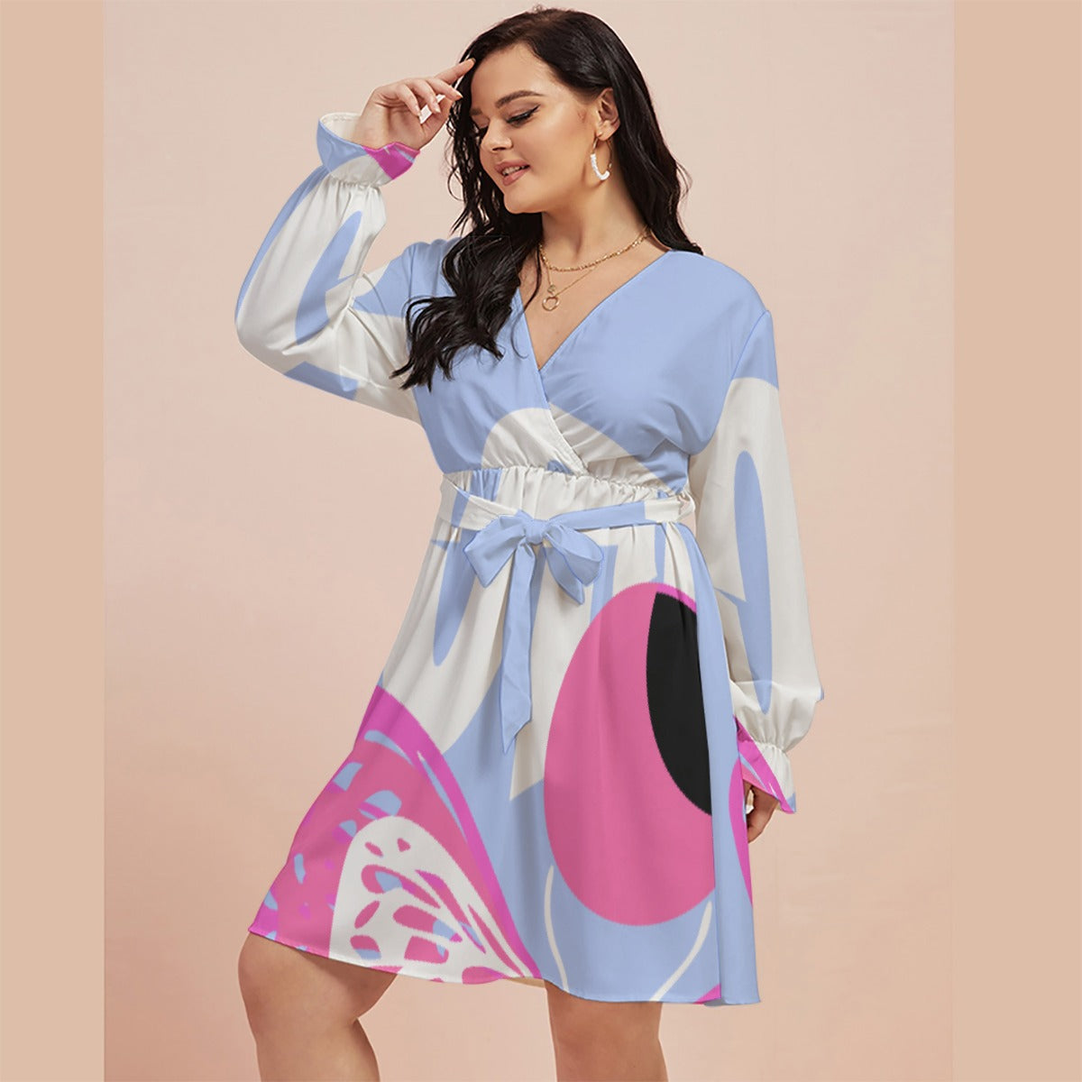 All-Over Print Women's V-neck Dress With Waistband(Plus Size)