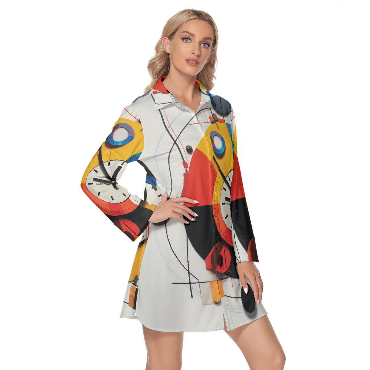 All-Over Print Women's Lapel Shirt Dress With Long Sleeve