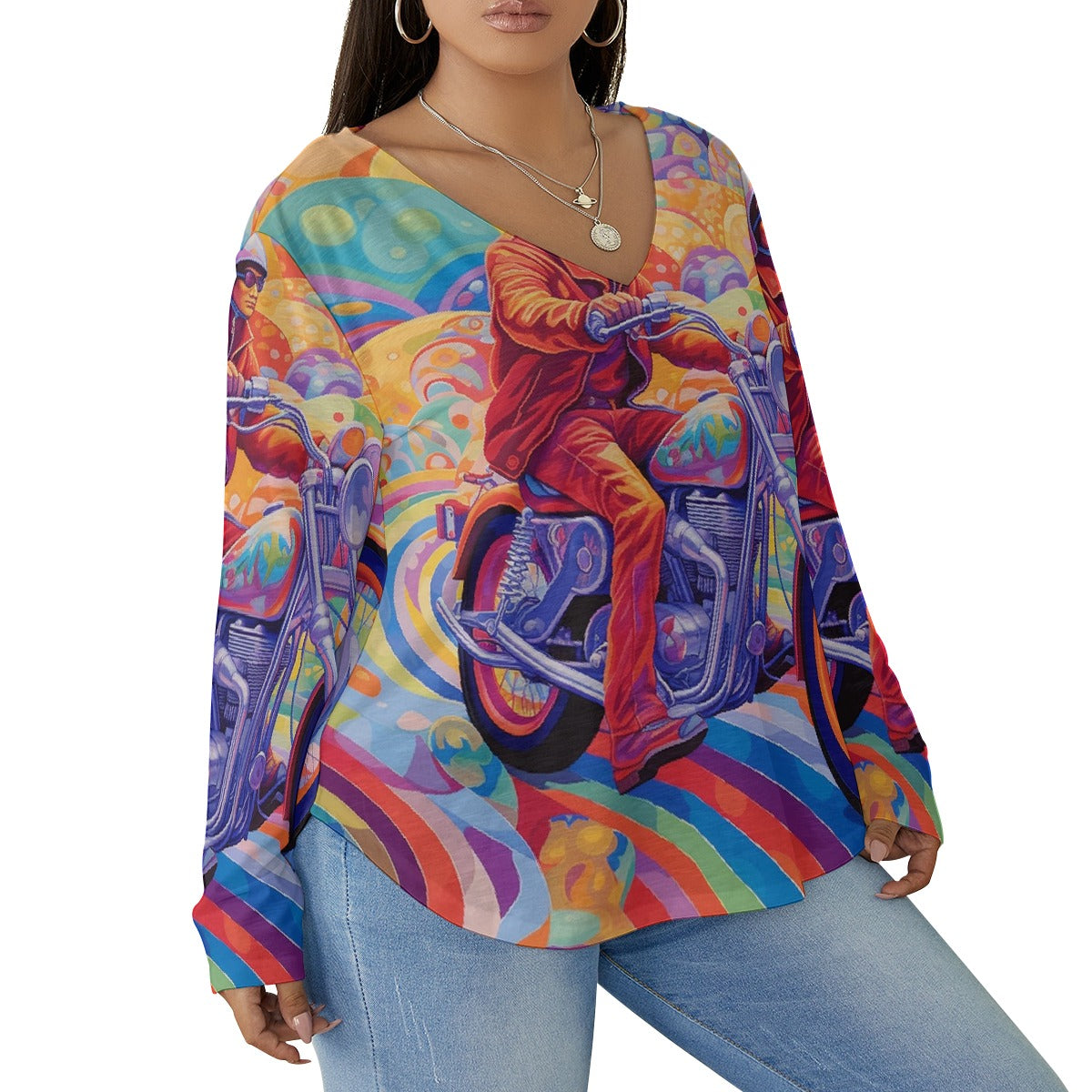 All-Over Print Women's V-neck T-shirt With Curved Hem(Plus Size)