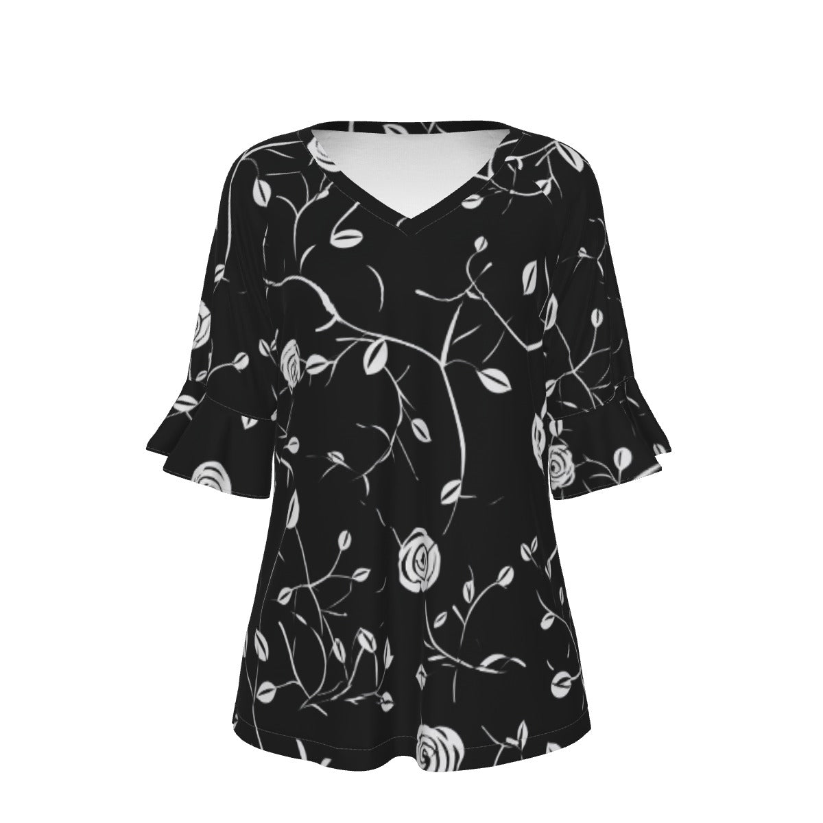 All-Over Print V-neck Women's T-shirt With Bell Sleeve