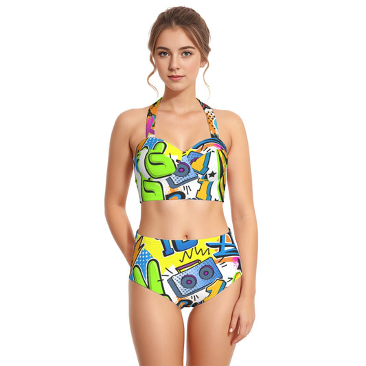 All-Over Print Women's Swimsuit Set With Halter