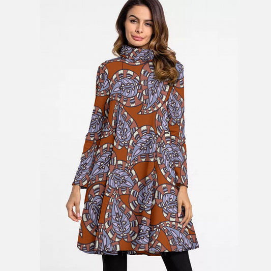 All-Over Print Women's High Neck Dress With Long Sleeve