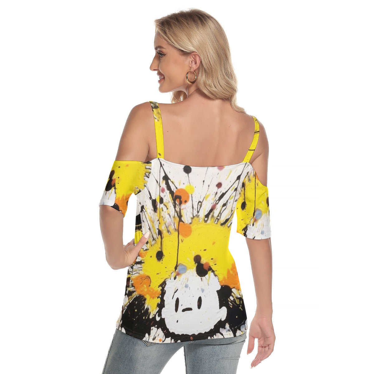 All-Over Print Women's Cold Shoulder T-shirt With Criss Cross Strips