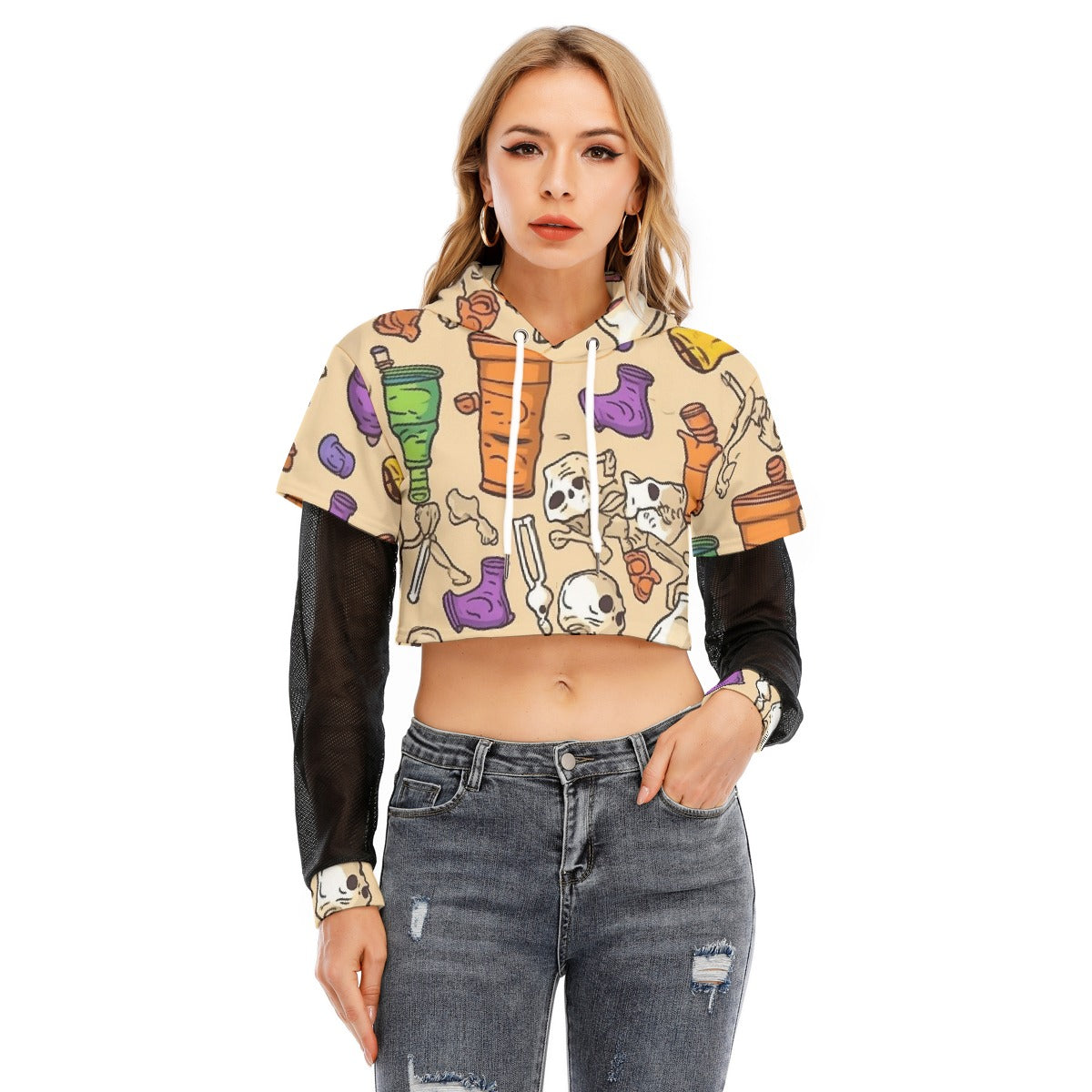 All-Over Print Women's Fake Two-piece Mesh Sleeve Cropped Hoodie