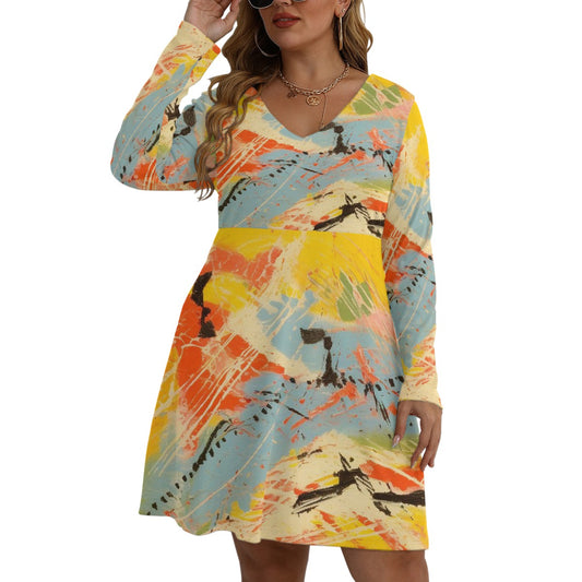 All-Over Print Women's V-neck Long Sleeve Dress(Plus Size)