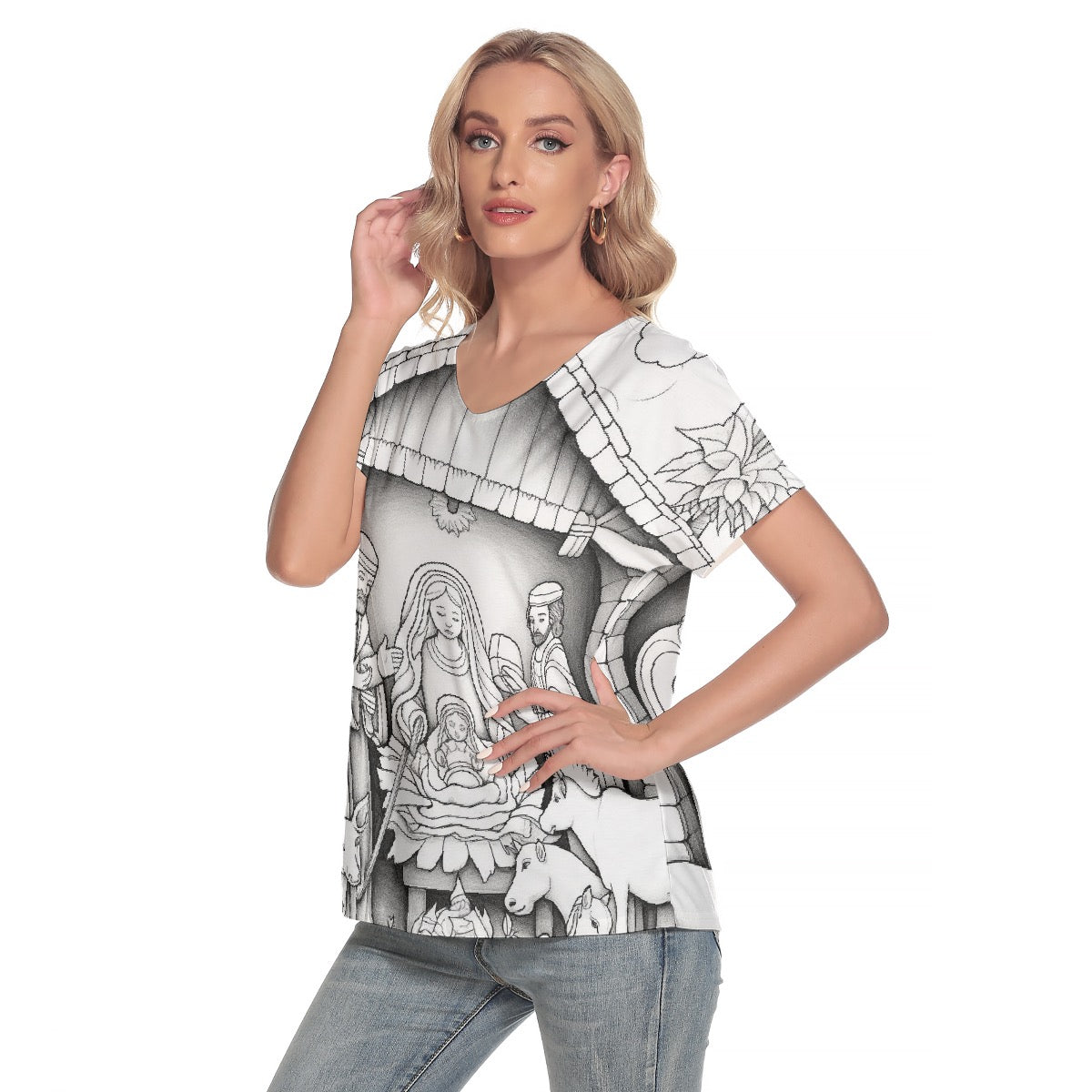 All-Over Print Women's Loose V-neck Short Sleeve T-shirt