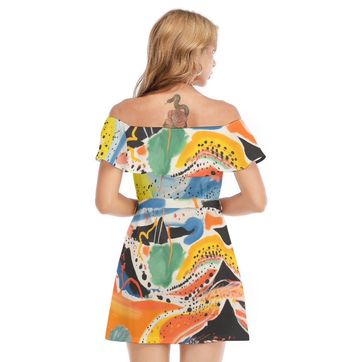 All-Over Print Women's Off-shoulder Dress With Ruffle