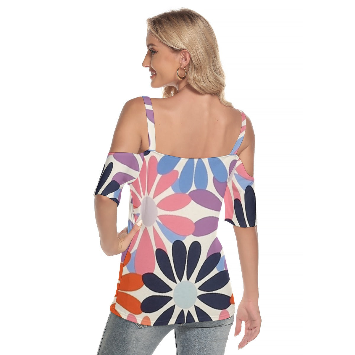 All-Over Print Women's Cold Shoulder T-shirt With Criss Cross Strips