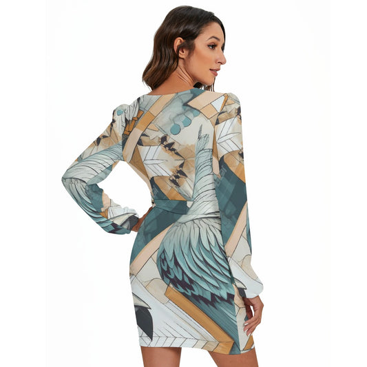 All-Over Print Women's Long Sleeve Dress With Waist Belt