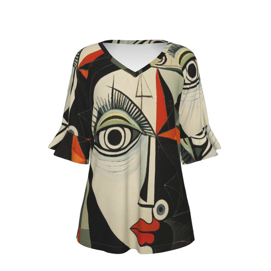 All-Over Print V-neck Women's T-shirt With Bell Sleeve