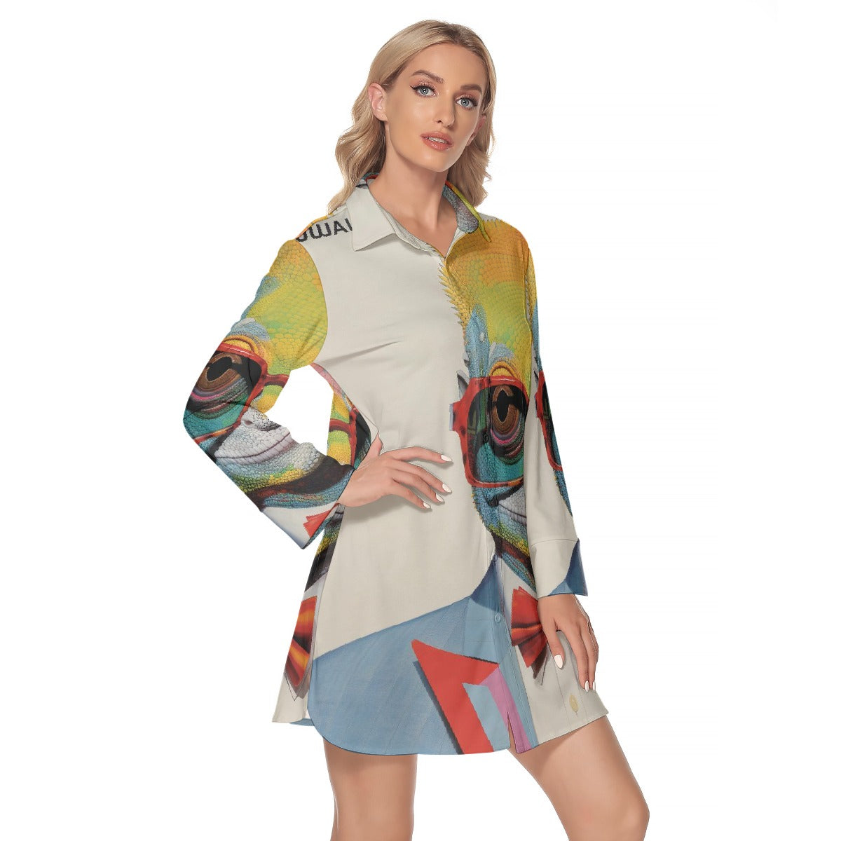 All-Over Print Women's Lapel Shirt Dress With Long Sleeve