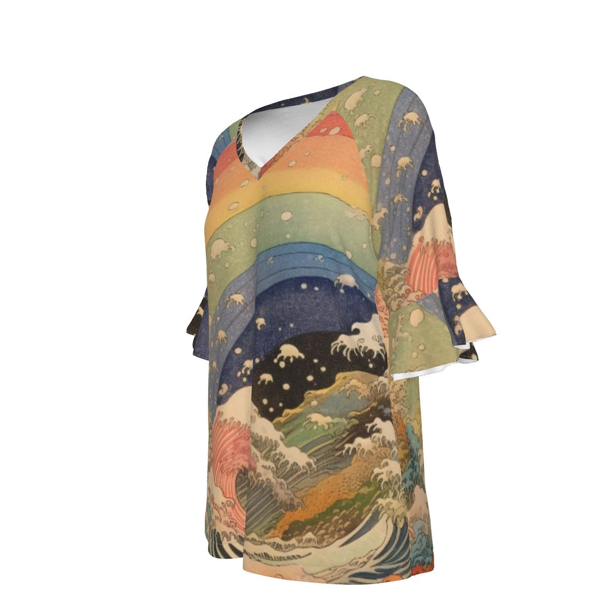 All-Over Print V-neck Women's T-shirt With Bell Sleeve