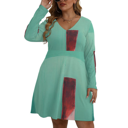 All-Over Print Women's V-neck Long Sleeve Dress(Plus Size)