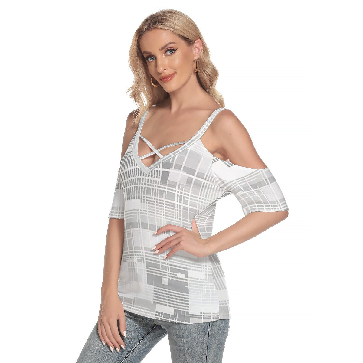 All-Over Print Women's Cold Shoulder T-shirt With Criss Cross Strips