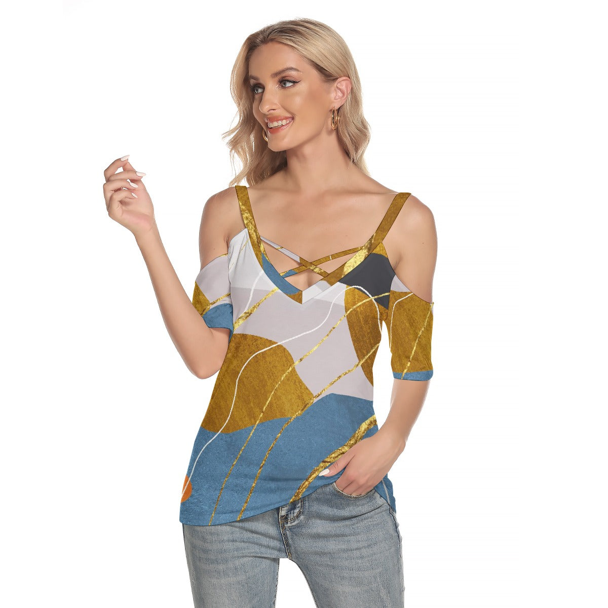 All-Over Print Women's Cold Shoulder T-shirt With Criss Cross Strips