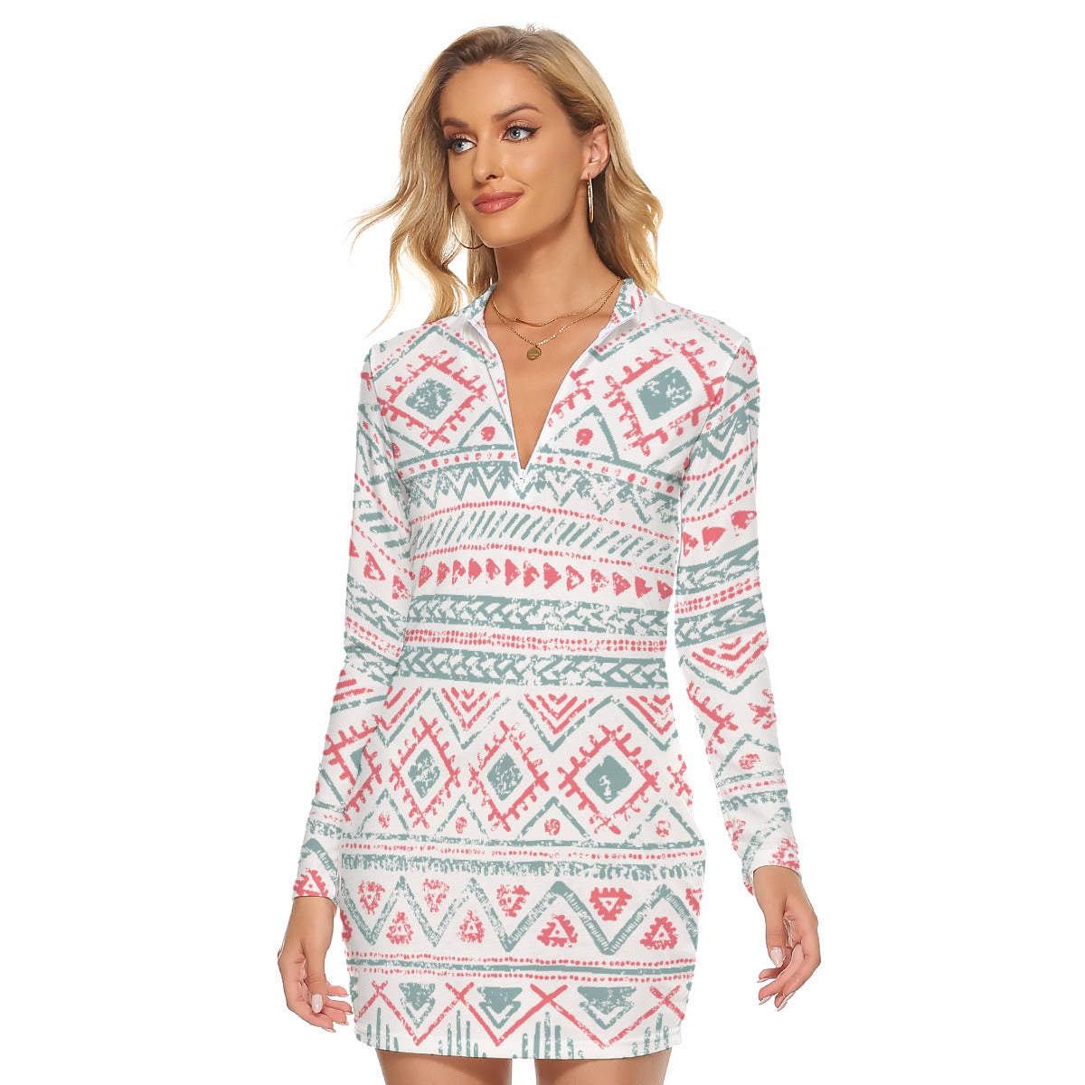 All-Over Print Women's Zip Front Tight Dress