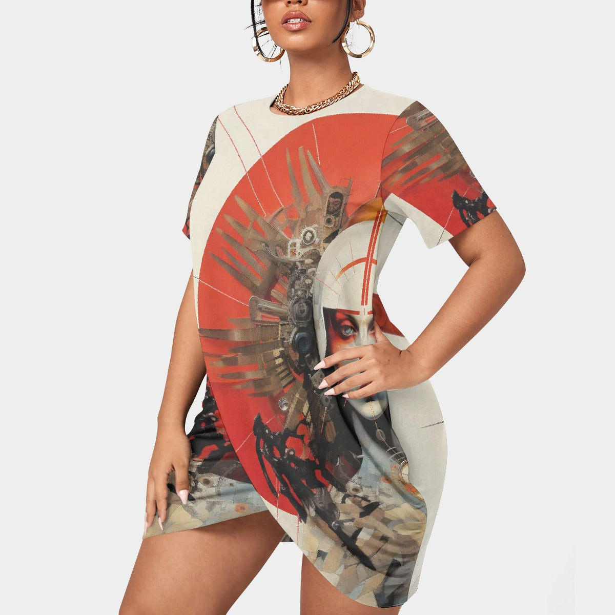 All-Over Print Women’s Stacked Hem Dress With Short Sleeve（Plus Size）