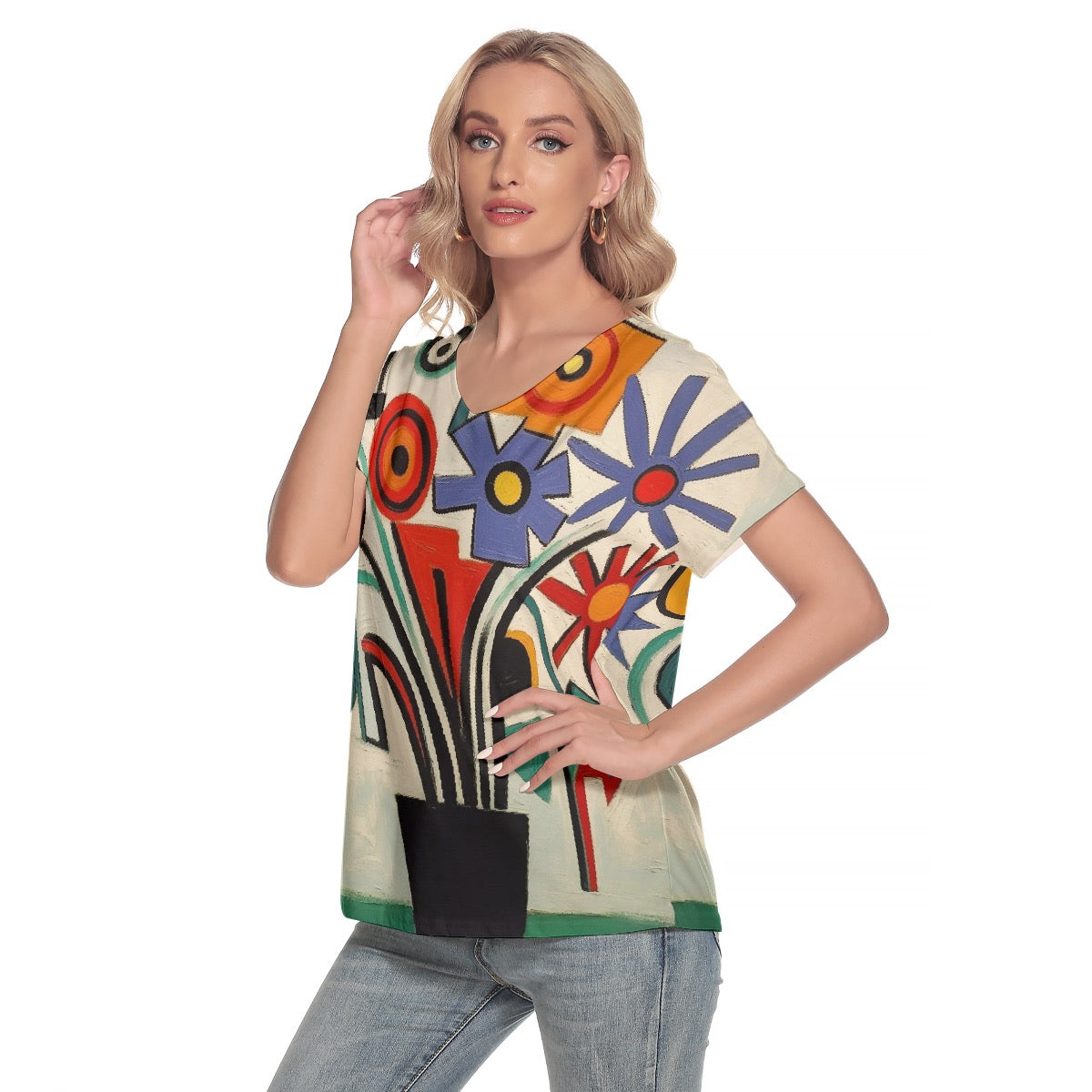 All-Over Print Women's Loose V-neck Short Sleeve T-shirt