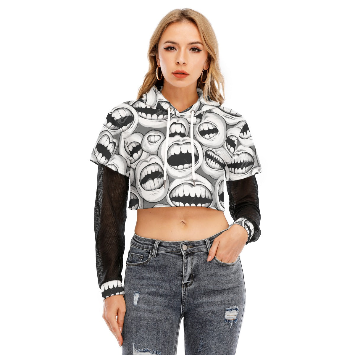 All-Over Print Women's Fake Two-piece Mesh Sleeve Cropped Hoodie