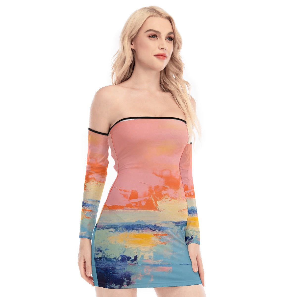 All-Over Print Women's Off-shoulder Back Lace-up Dress