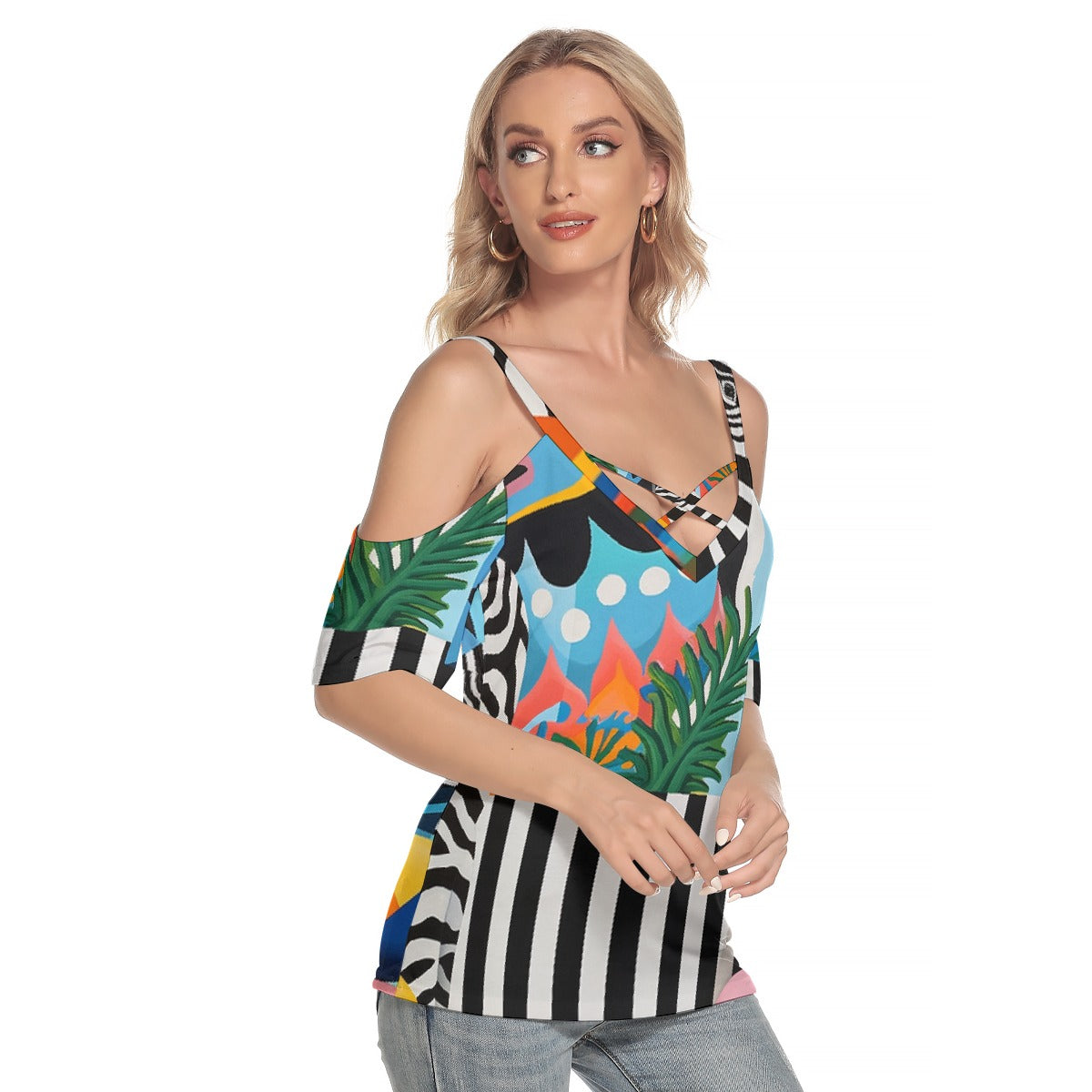 All-Over Print Women's Cold Shoulder T-shirt With Criss Cross Strips