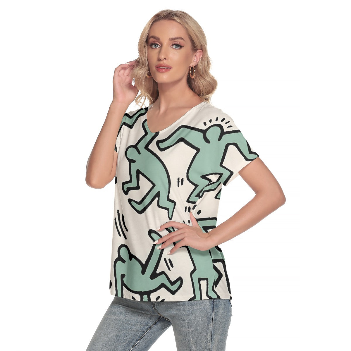 All-Over Print Women's Loose V-neck Short Sleeve T-shirt