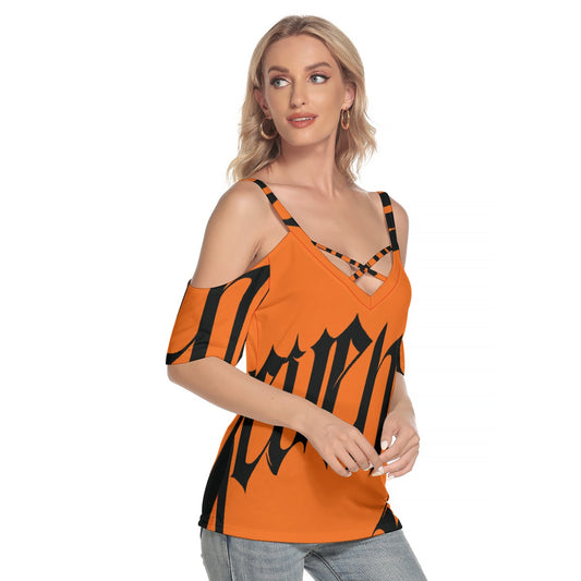 All-Over Print Women's Cold Shoulder T-shirt With Criss Cross Strips