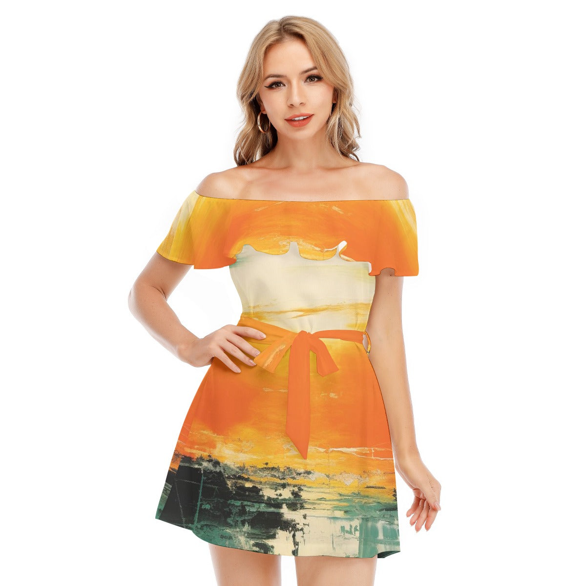 All-Over Print Women's Off-shoulder Dress With Ruffle