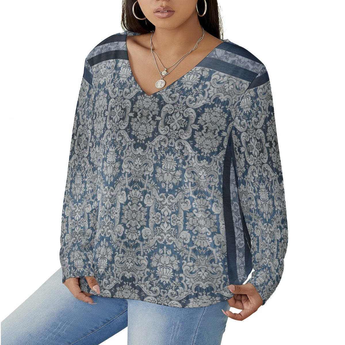 All-Over Print Women's V-neck T-shirt With Curved Hem(Plus Size)