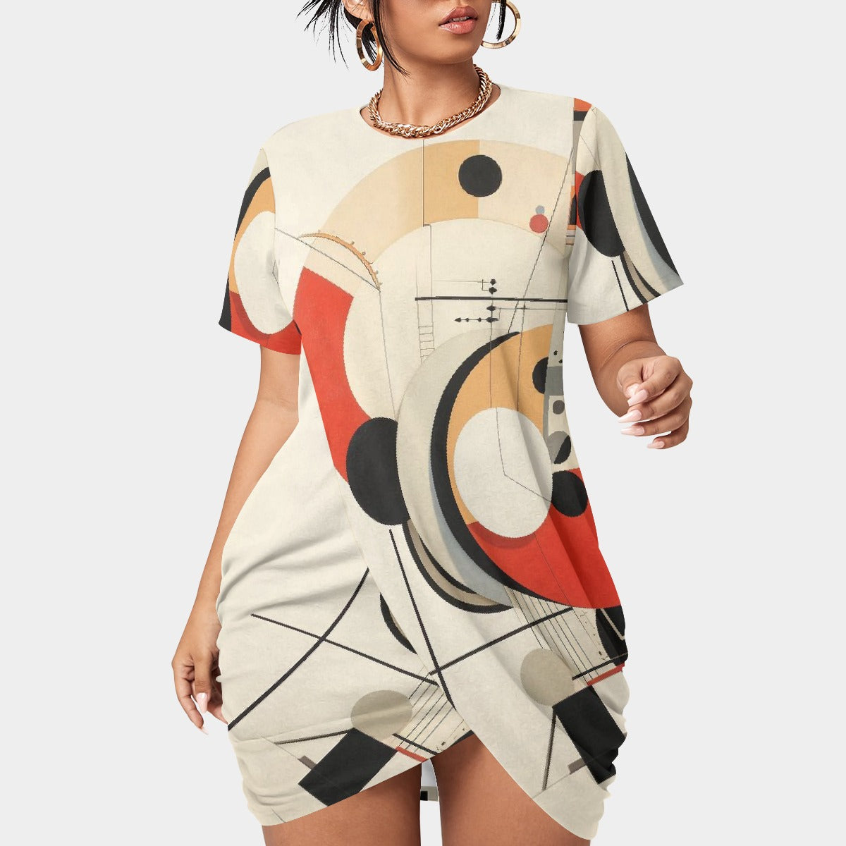 All-Over Print Women’s Stacked Hem Dress With Short Sleeve（Plus Size）