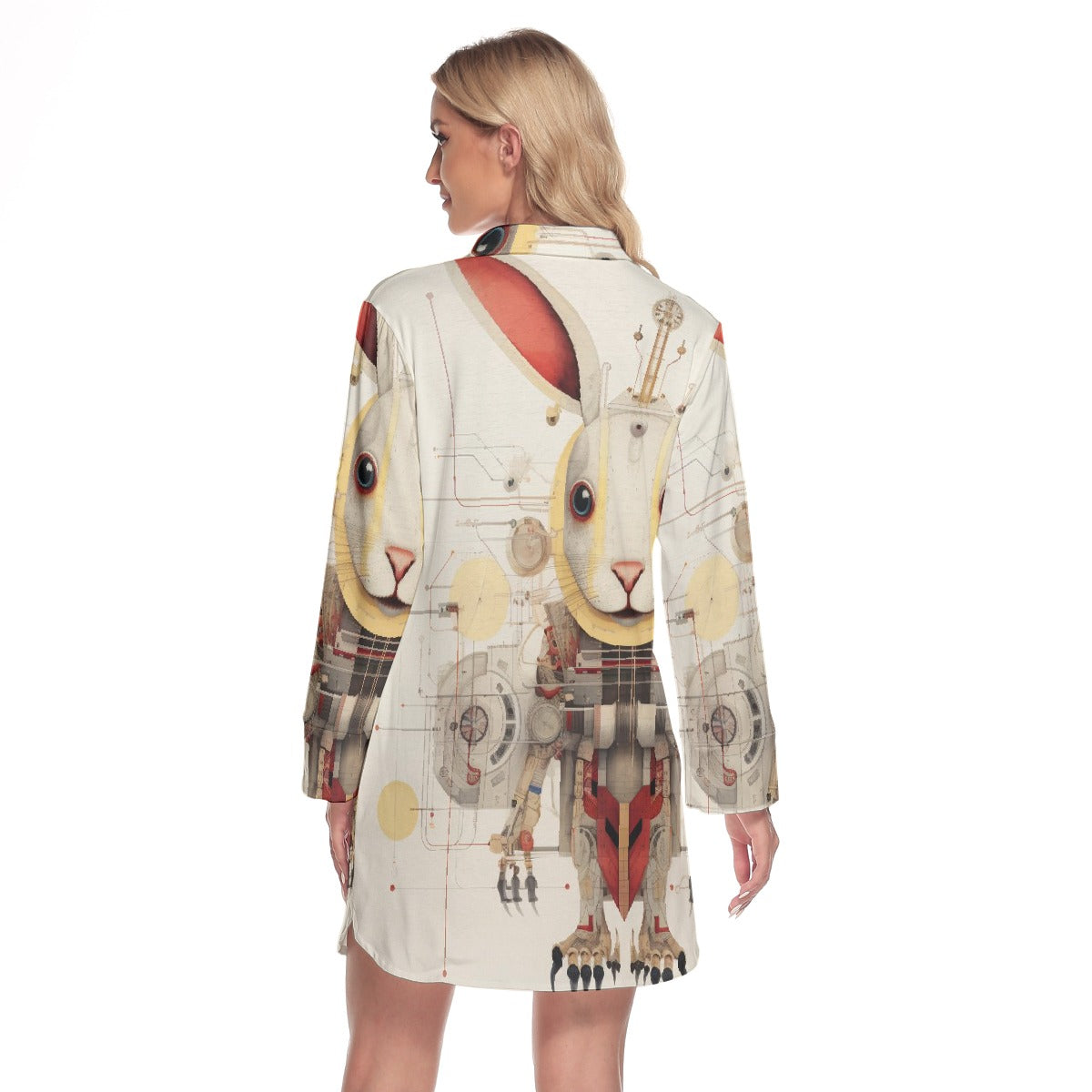 All-Over Print Women's Lapel Shirt Dress With Long Sleeve