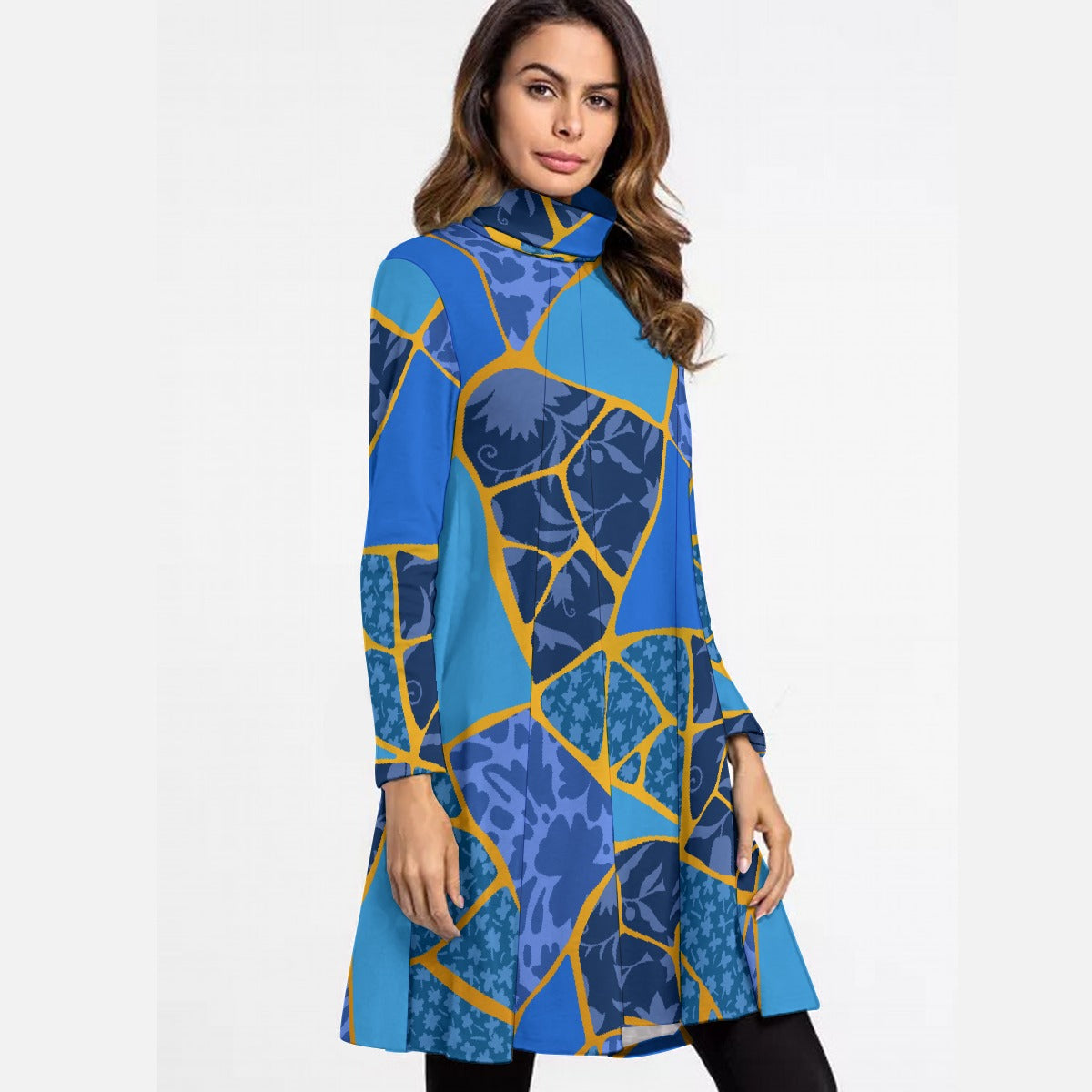 All-Over Print Women's High Neck Dress With Long Sleeve