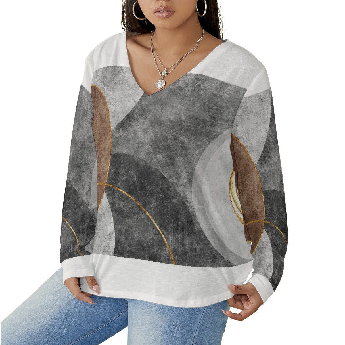 All-Over Print Women's V-neck T-shirt With Curved Hem(Plus Size)