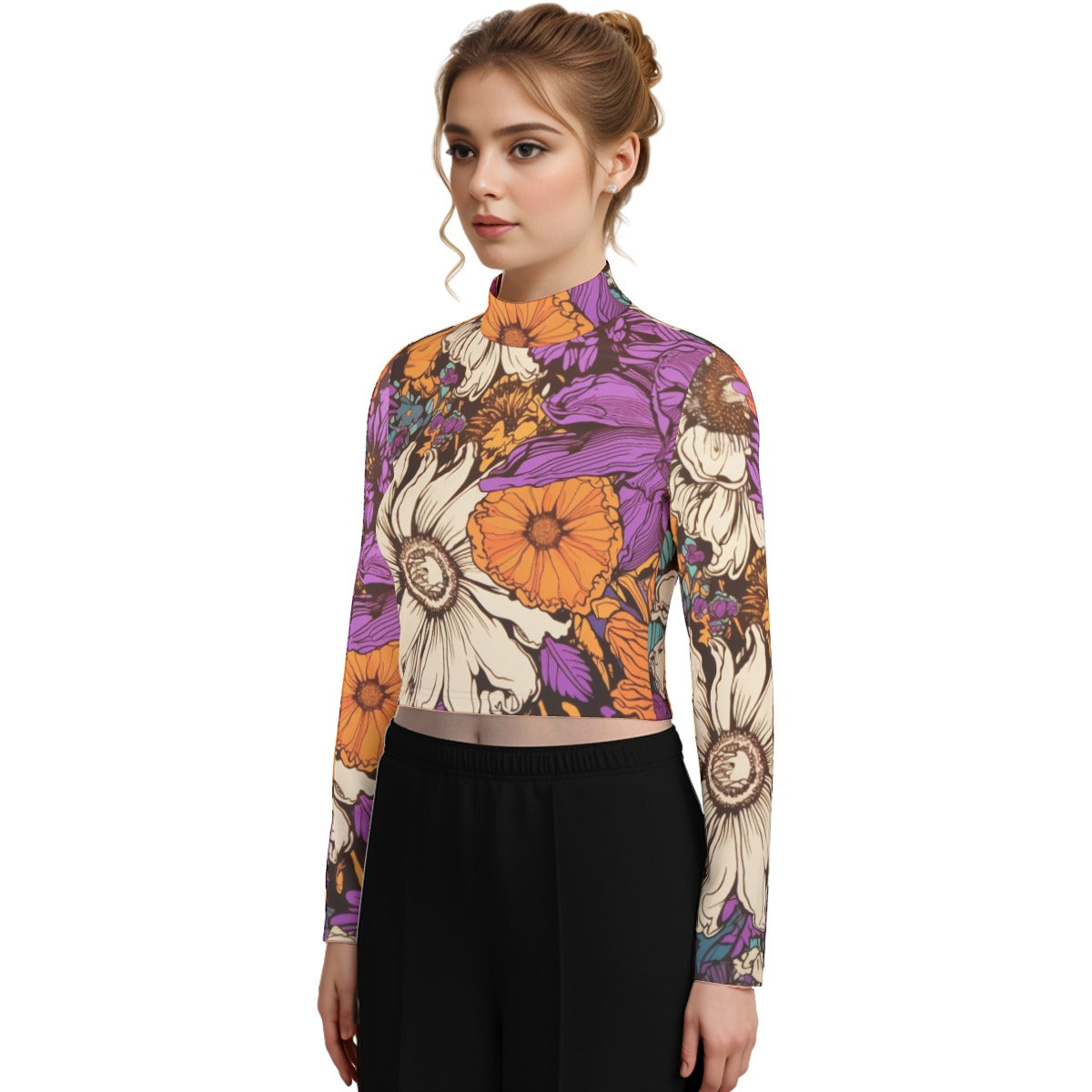 Eco-Friendly All-Over Print Women's Turtleneck T-shirt With Long Sleeve