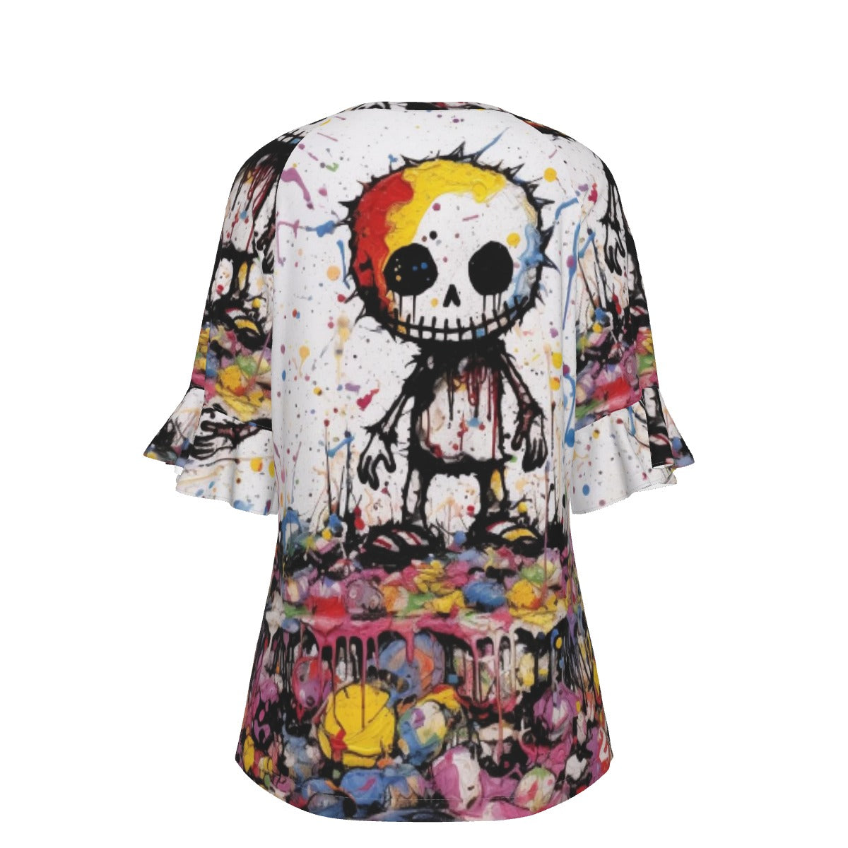 All-Over Print V-neck Women's T-shirt With Bell Sleeve