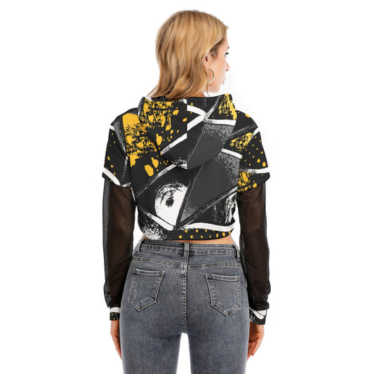 All-Over Print Women's Fake Two-piece Mesh Sleeve Cropped Hoodie