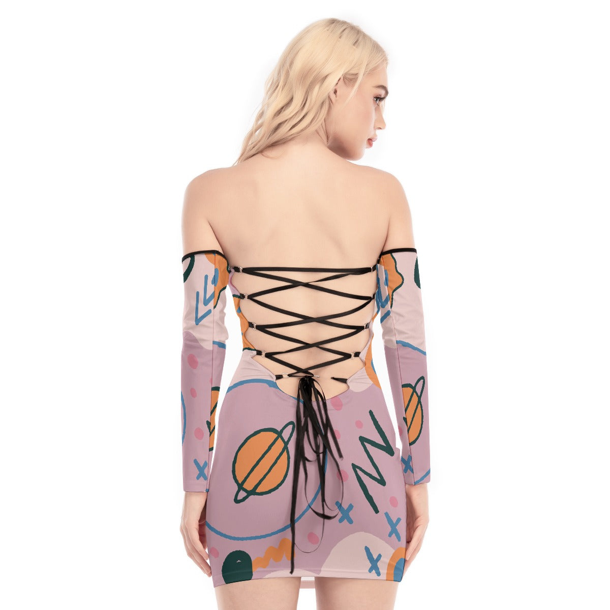 All-Over Print Women's Off-shoulder Back Lace-up Dress