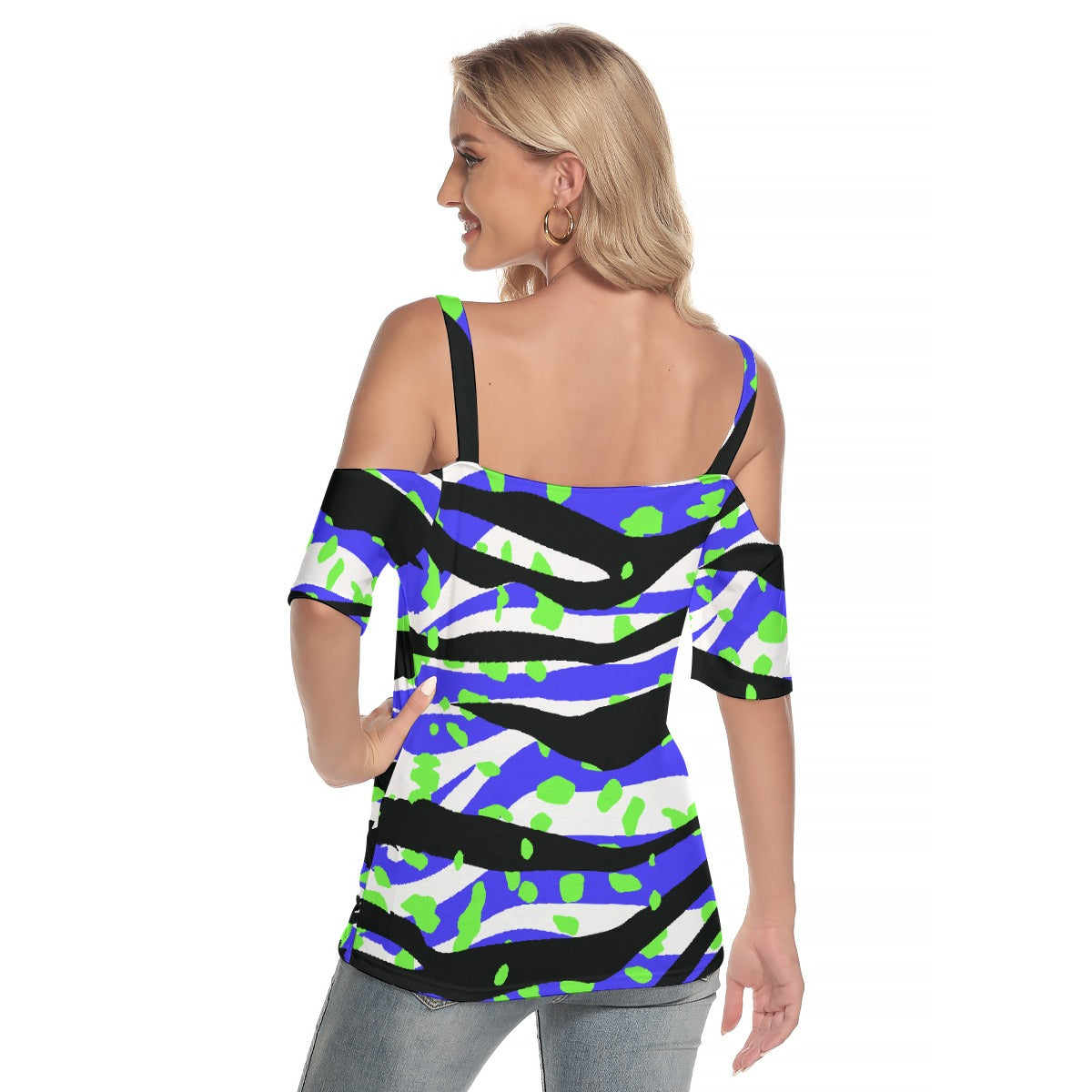 All-Over Print Women's Cold Shoulder T-shirt With Criss Cross Strips