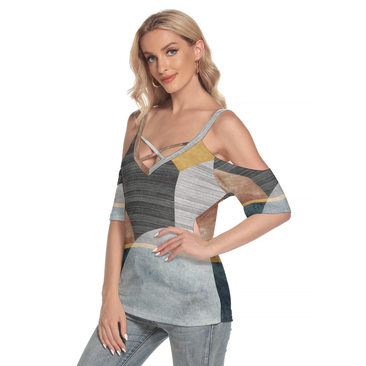 All-Over Print Women's Cold Shoulder T-shirt With Criss Cross Strips